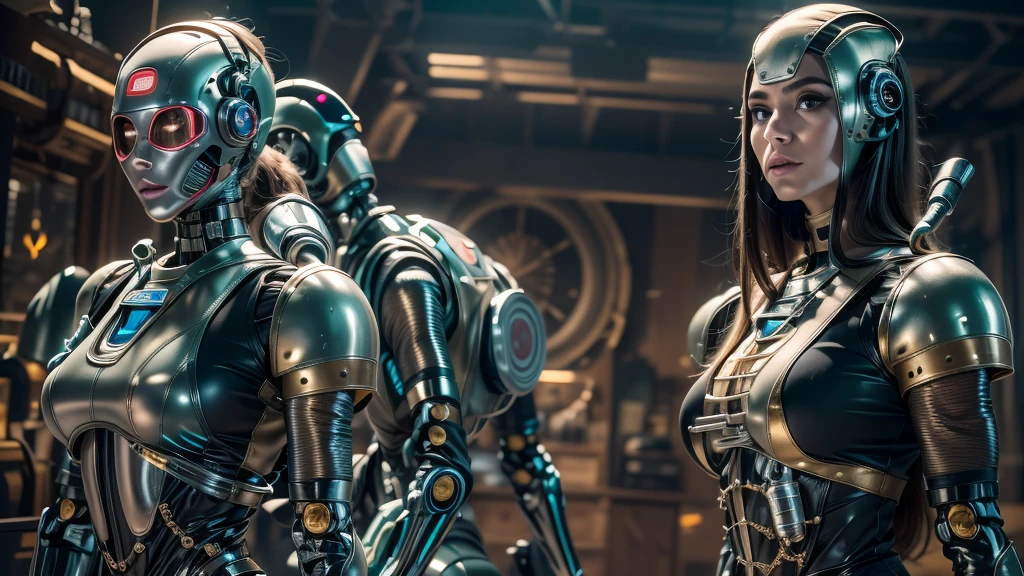 there are two robots that are standing next to each other, machines and futurist robots, death and robots, robot cyborgs, dieselpunk cyborgs, cyber steampunk 8 k 3 d, humanoid robots, still from alita, movie still of aztec cyborg, futuristic robots, from a 2 0 1 9 sci fi 8 k movie