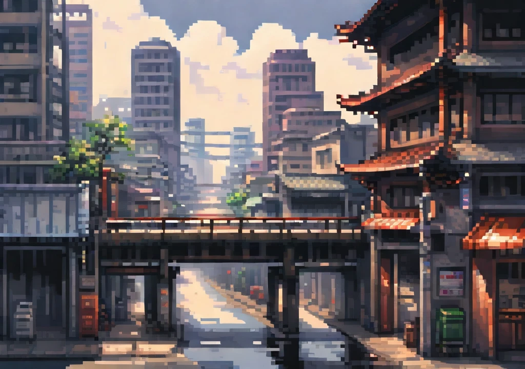 pixel art painting of an empty viaduct in a city in Japan, in high quality