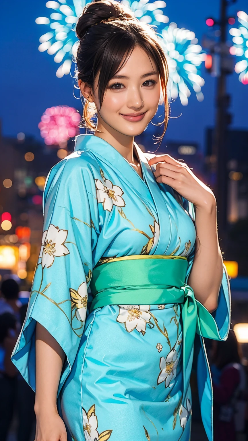 ((masterpiece)),(((Highest quality))),((Character design sheet)),A Japanese yukata with a bright floral and flower pattern in a combination of light blue and navy blue.:1.5,Stylish sandals:1.5,The best smile:1.5,Upper Body Shot:1.5,Night fireworks background:1.5,Flashy makeup with red eyeshadow:1.5,Bun Hair:1.5,