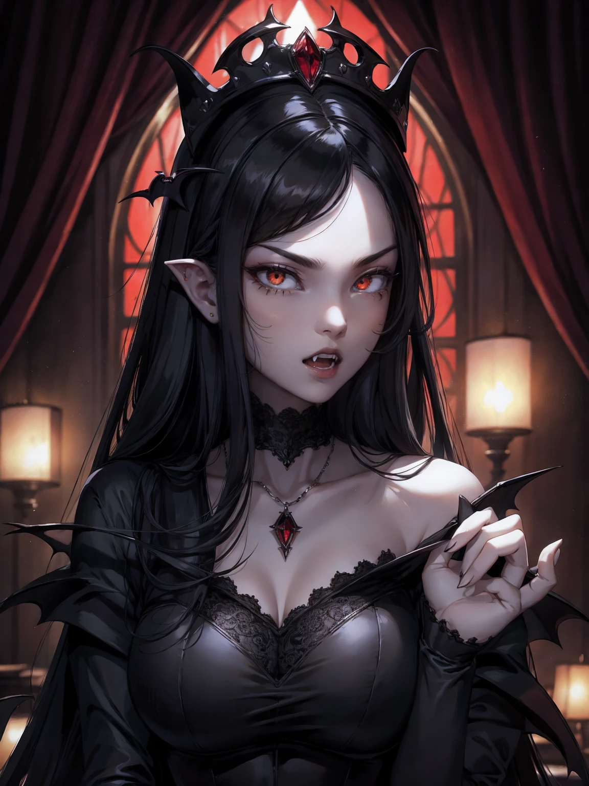 absurdres, ((stunning female Vampire))), goth Renaissance, (long black hair:1.3), perfect and detailed angular sharp oval shaped face, ((whiteeyes)), jewelry, red and black tetradic colors, full lips, gothic castle background, (solo), perfect anatomy, approaching perfection, ethereal, intricate details, ultra-high definition, 12k resolution, goth aesthetic, smooth, sharp focus, dreamy, glowing, backlit, glamour, glimmer, fantastical, shadows, smooth, Gothic crown, illustration, change her mouth to mouth open wide.