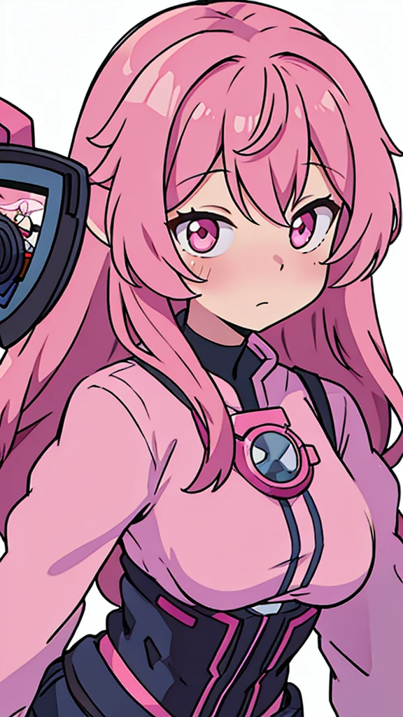 Anime woman with pink hair taking pictures with cellphone, flustered
