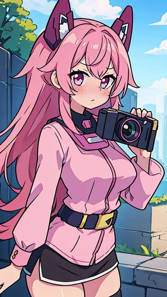 Anime woman with pink hair taking pictures with cellphone, flustered