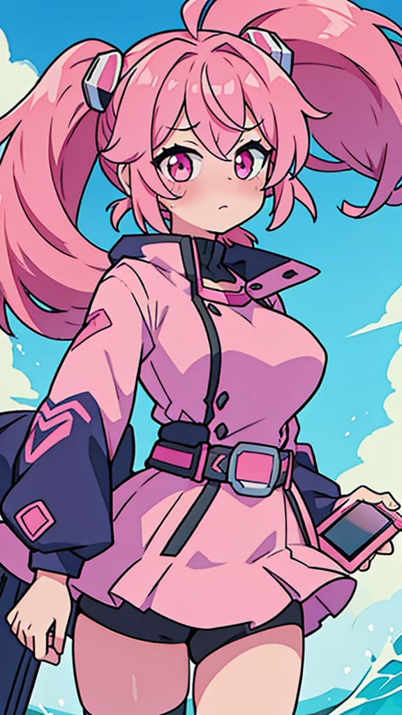 Anime woman with pink hair taking pictures with cellphone, flustered