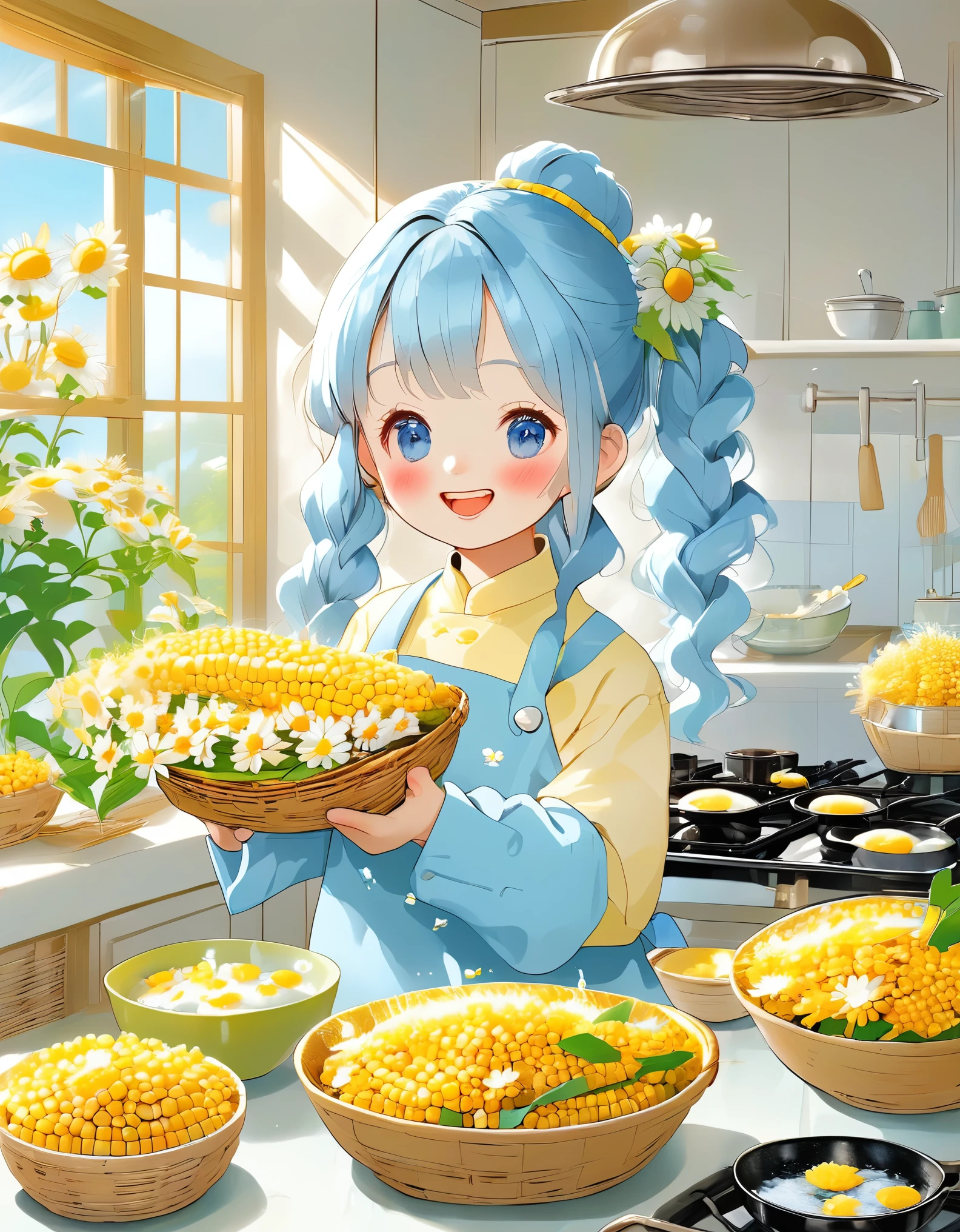 A kitchen decorated with lots of daisies、The corn is piled in a basket、Light blue long hair、beautiful girl with twin tails、Smiling while cooking corn dishes、The girl is holding corn、Kitchen bathed in morning sun