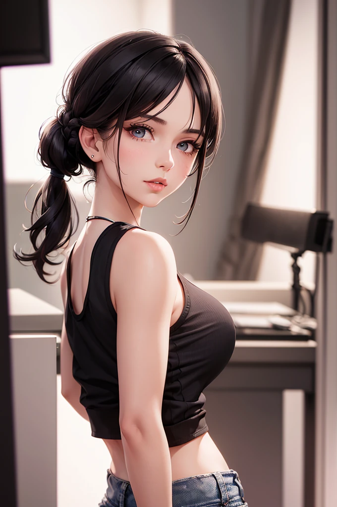 a beautiful young woman with a braided ponytail and bangs, wearing a tight cropped shirt and cutoff shorts, looking seductive, detailed facial features, highly detailed, 8k, photorealistic, studio lighting, vivid colors, sharp focus, physically-based rendering, professional photography, elegant, charming, cinematic, warm color tones