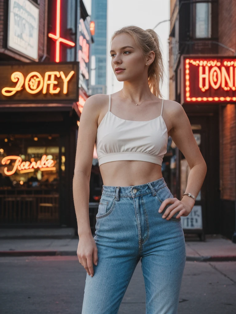 her name is Elle, high quality, 1girl, ((20-year-old fit Caucasian woman)), ((20 years old)), ((fit)), ((pale skin)), ((sleek ponytail blonde colored hair)) , wearing Pistachio Puffed Sleeve Organza Top + High-Waisted Satin Joggers, pose: standing, background: Capture the lively atmosphere of Nashville's Broadway Street, with its neon lights, honky-tonk bars, and the constant sound of live country music.