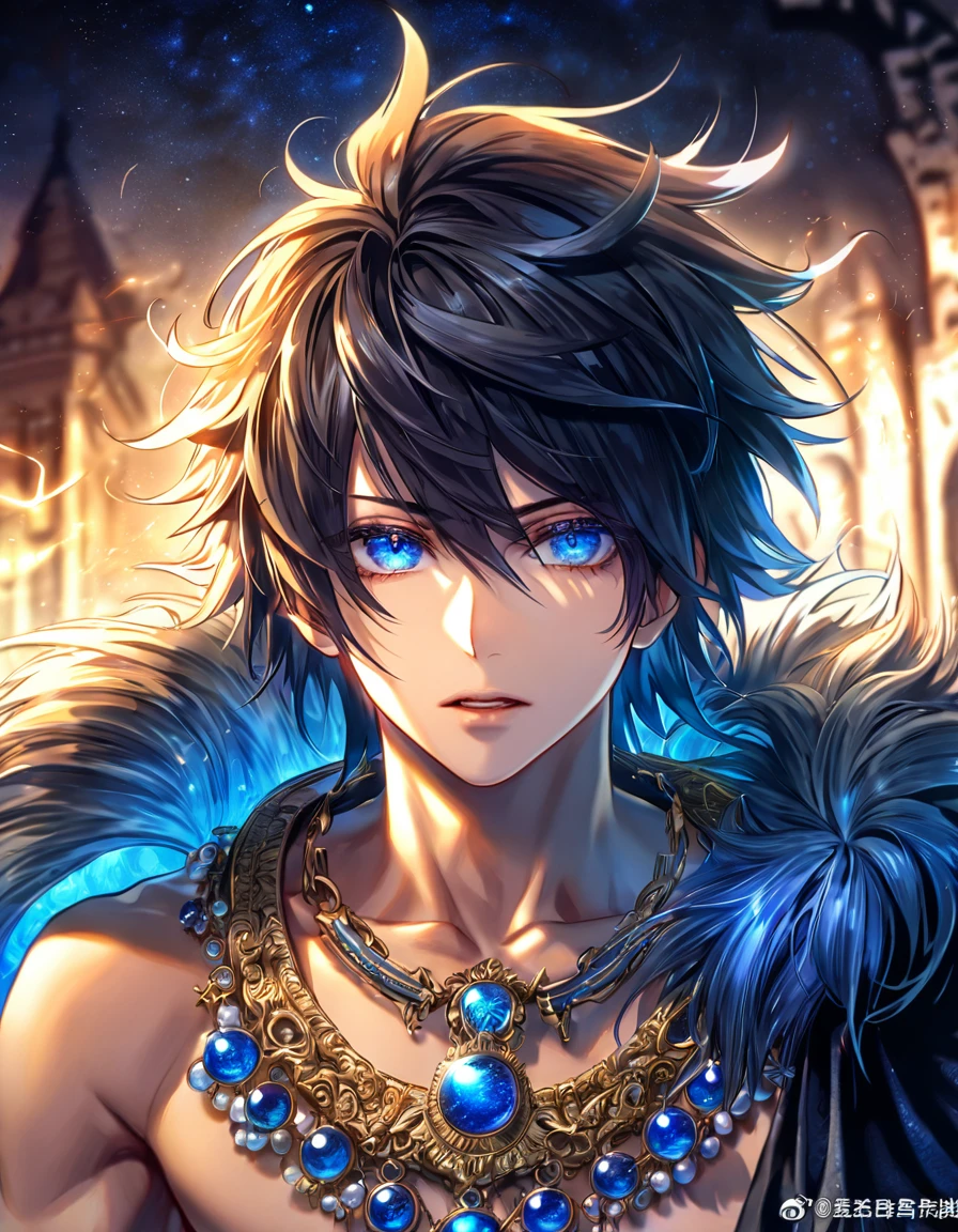 absurdres, highres, ultra detailed, HDR, master piece, best quality, Luka, black hair, messy hair windswept, expressive blue eyes, Demon Sorrow, solo, y man, handsome, black cape with fur, necklace, blue lightning, fantasy, blue small orbs, starry sky
