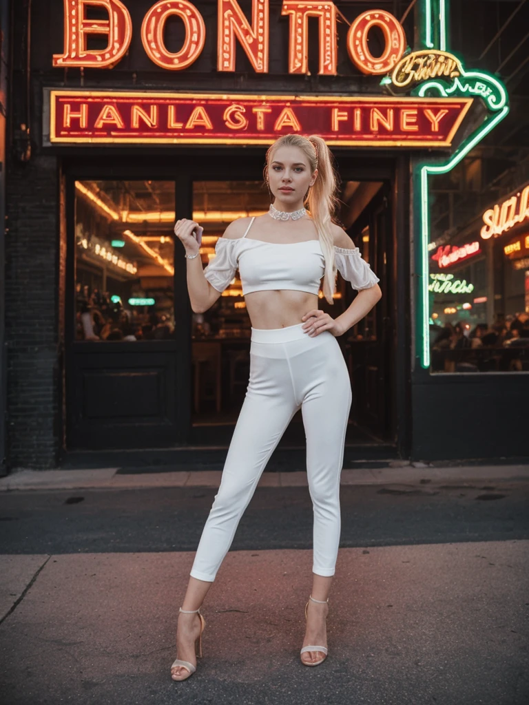 her name is Elle, high quality, 1girl, ((20-year-old fit Caucasian woman)), ((20 years old)), ((fit)), ((pale skin)), ((sleek ponytail blonde colored hair)) , wearing Pistachio Puffed Sleeve Organza Top + High-Waisted Satin Joggers, pose: standing, background: Capture the lively atmosphere of Nashville's Broadway Street, with its neon lights, honky-tonk bars, and the constant sound of live country music.