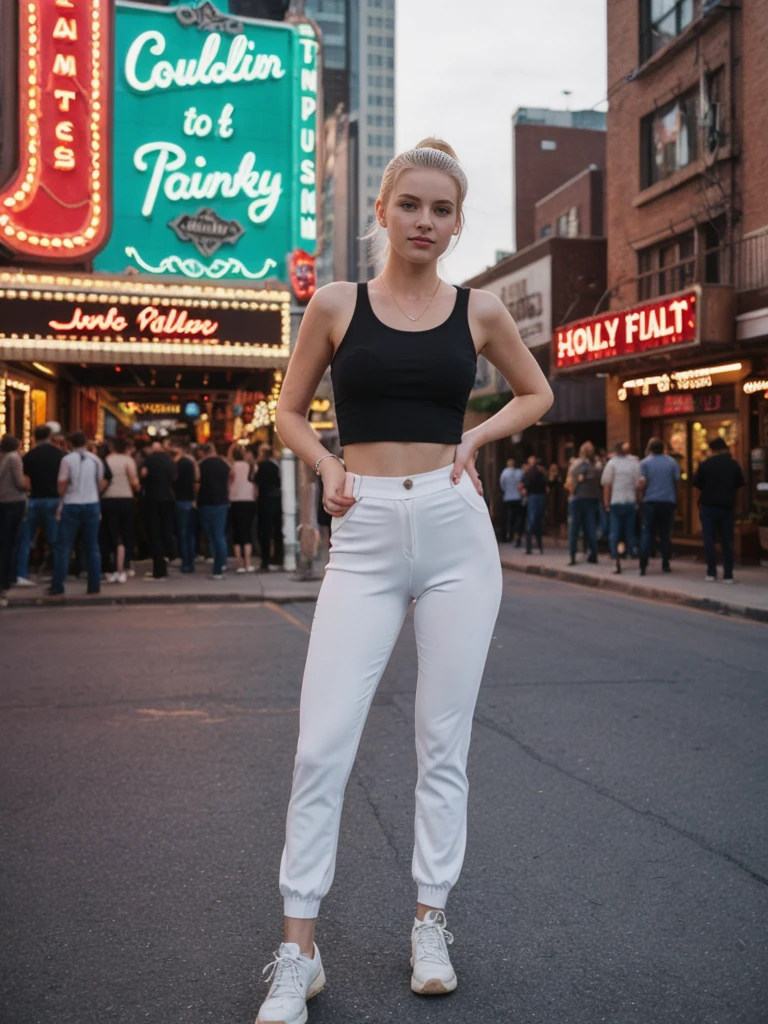her name is Elle, high quality, 1girl, ((20-year-old fit Caucasian woman)), ((20 years old)), ((fit)), ((pale skin)), ((sleek ponytail blonde colored hair)) , wearing Pistachio Puffed Sleeve Organza Top + High-Waisted Satin Joggers, pose: standing, background: Capture the lively atmosphere of Nashville's Broadway Street, with its neon lights, honky-tonk bars, and the constant sound of live country music.