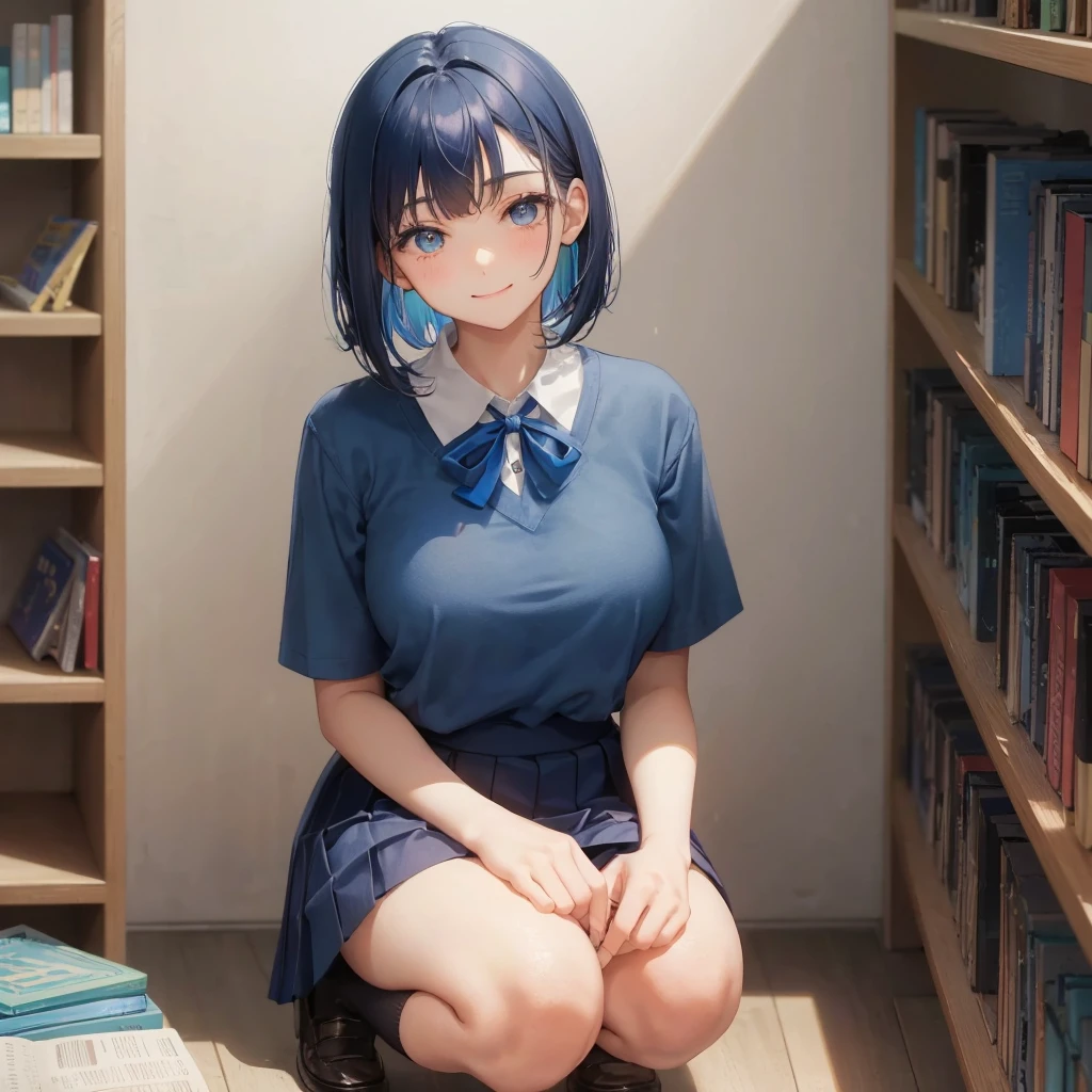 1. High school girl　17-year-old female　Bobcut　dark blue hair color　High School Uniform　Light blue Y-shirt　Short sleeve　Blue Ribbon　dark blue hair color　Slim figure　Large Breasts　Full body portrait　School library　Smiling Kindly　Laugh a little　library　Hand Signs　squat　Kneel　Look up here　