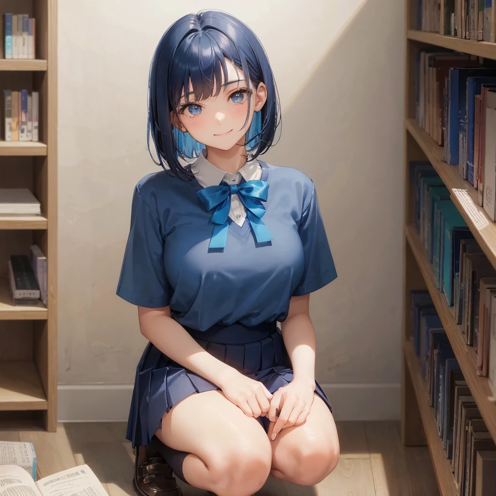 1. High school girl 17-year-old female Bobcut dark blue hair color High School Uniform Light blue Y-shirt Short sleeve Blue Ribbon dark blue hair color Slim figure Large Breasts Full body portrait School library Smiling Kindly Laugh a little library Hand Signs squat Kneel Look up here