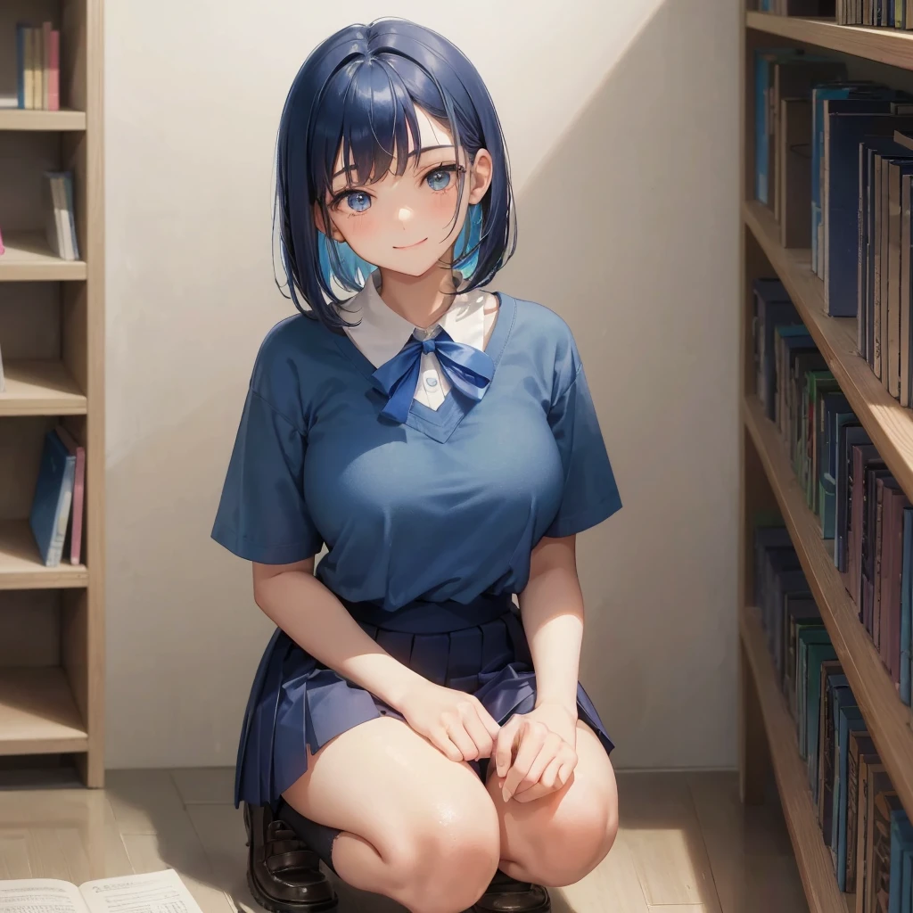 1. High school girl　17-year-old female　Bobcut　dark blue hair color　High School Uniform　Light blue Y-shirt　Short sleeve　Blue Ribbon　dark blue hair color　Slim figure　Large Breasts　Full body portrait　School library　Smiling Kindly　Laugh a little　library　Hand Signs　squat　Kneel　Look up here　