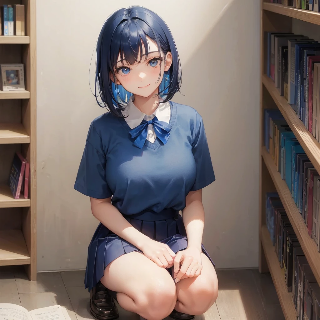 1. High school girl 17-year-old female Bobcut dark blue hair color High School Uniform Light blue Y-shirt Short sleeve Blue Ribbon dark blue hair color Slim figure Large Breasts Full body portrait School library Smiling Kindly Laugh a little library Hand Signs squat Kneel Look up here