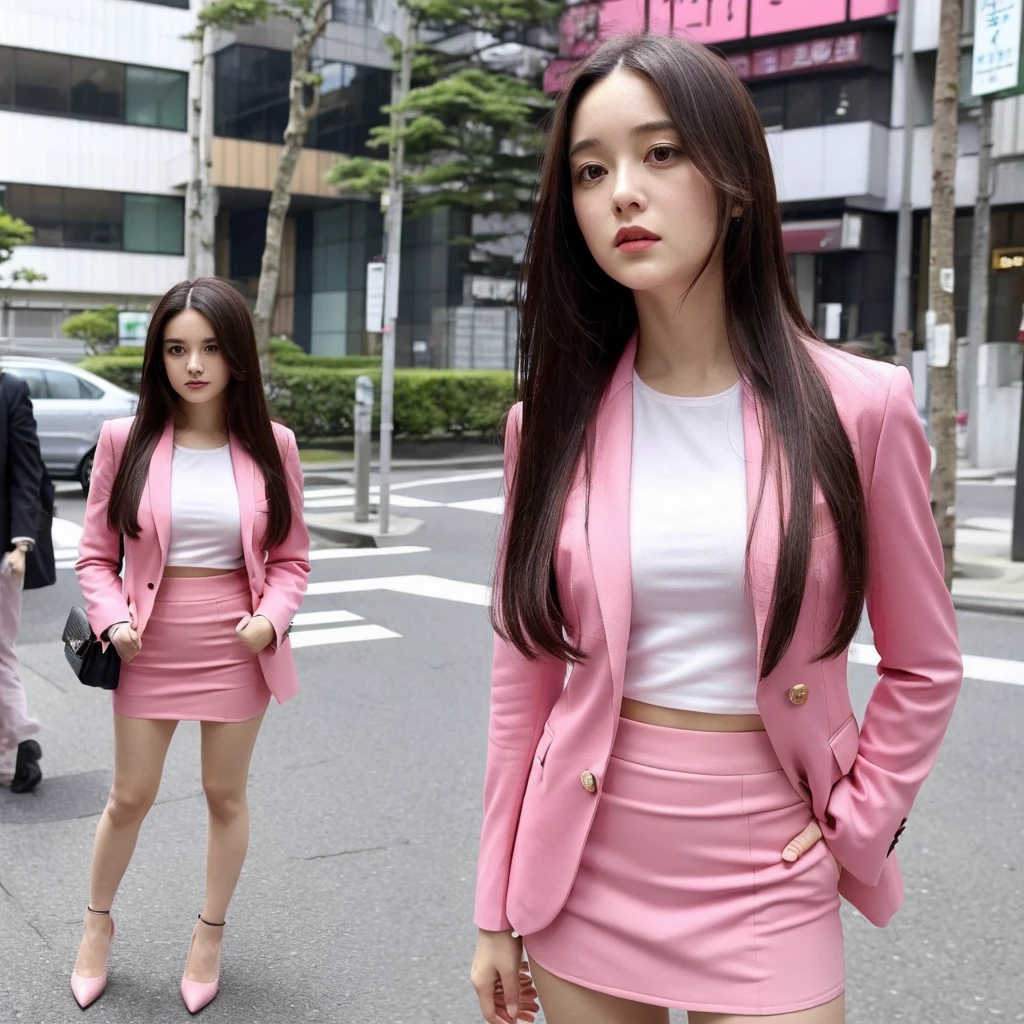 Front view,(1 women),solo,Anne-Marie Alto ,long hair, wear a tight pink suit, tight skirt ,(short skirt),looking at camera,25 years old, (((Anne-Marie Alto))), in the Tokyo city