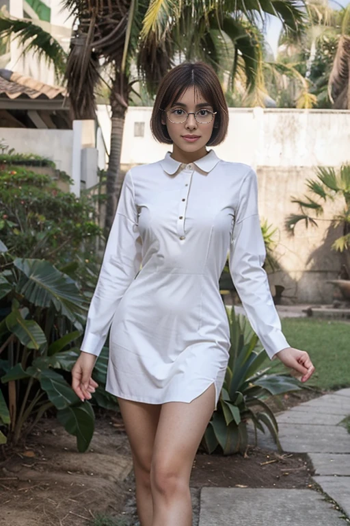 A young sweet beatiful bogor city girl, 21 years old, her name is Dewi, very slim body, slim thighs, slim buttocks, small size beautiful breasts, georgeous sweet oval face, descent mixed from sundanese and arabic javanese, big turkish hawk nose, big beatiful round eyes, bold uper eyelid, long and bold eyelashes, thin sensual uper lip, her face identical same as indonesian 70's movie star named ida royani, nate black redish straight thin short hairs with a bangs, smart ex high college girl, she isa people nutrition expert, standing spreading wide both legs on back yard in the morning, wearing white long sleeve all buttoned long dress modestly and camisole, wearing high heels, very detail, very natural, very super realistic, sweet smiling to us, front view, normal hands and legs shape, wearing glasses,