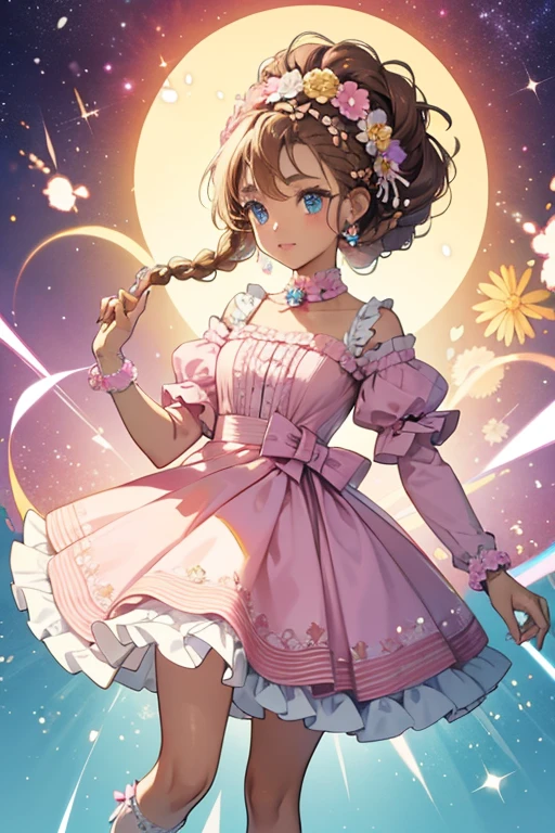 Flower has a light brown skin-tone and bright blue eyes.
Her hair has sort of a creamish color is styled into two afro puffs with the extra added details of baby hairs and molded in braids . To accessorize her hair she wears a light pink flower crown which matches her pink and white dress with yellow flower detailing, her outfits ends off with white socks underneath her pink shoes. SPARKLE; GLITTER