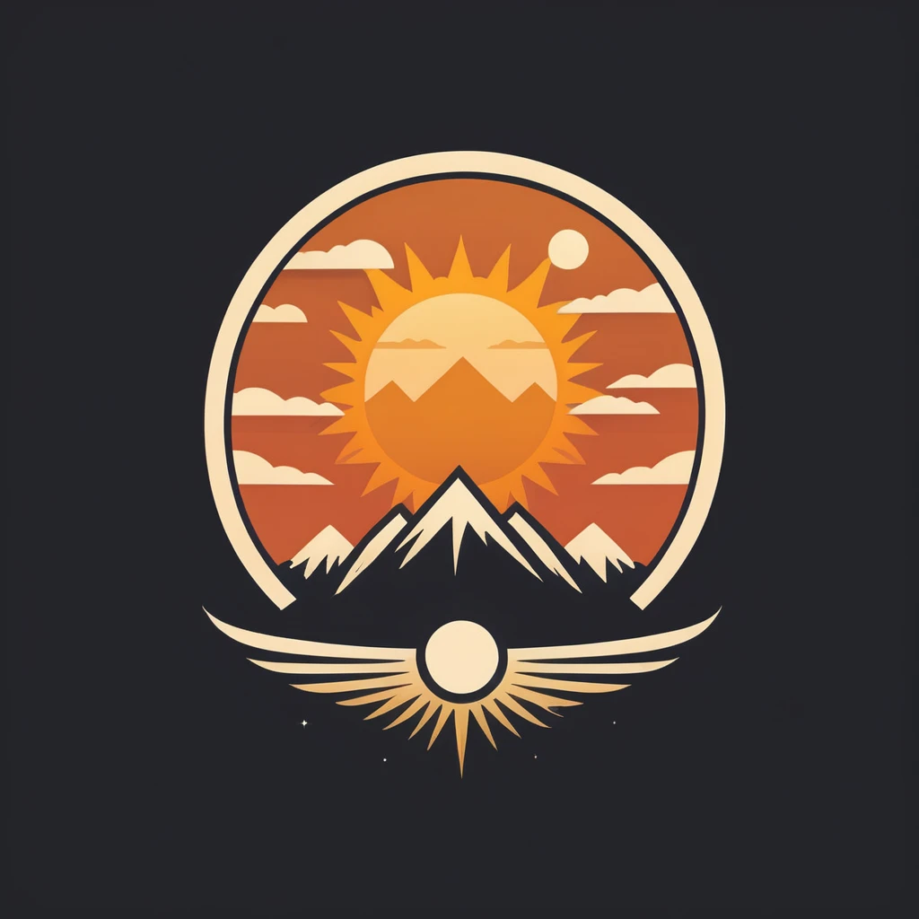 A very stylized sun with mountains around it 