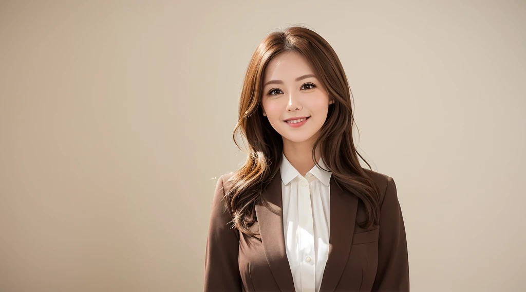 Generate an image of a cute and charming office lady with light brown hair. She is dressed in stylish office casual attire, wearing a warm and welcoming smile. The background is a clean and white office setting, creating a professional yet relaxed atmosphere. Pay attention to the details of her light brown hair and the office casual outfit, and convey the positive and approachable demeanor of a delightful office professional
