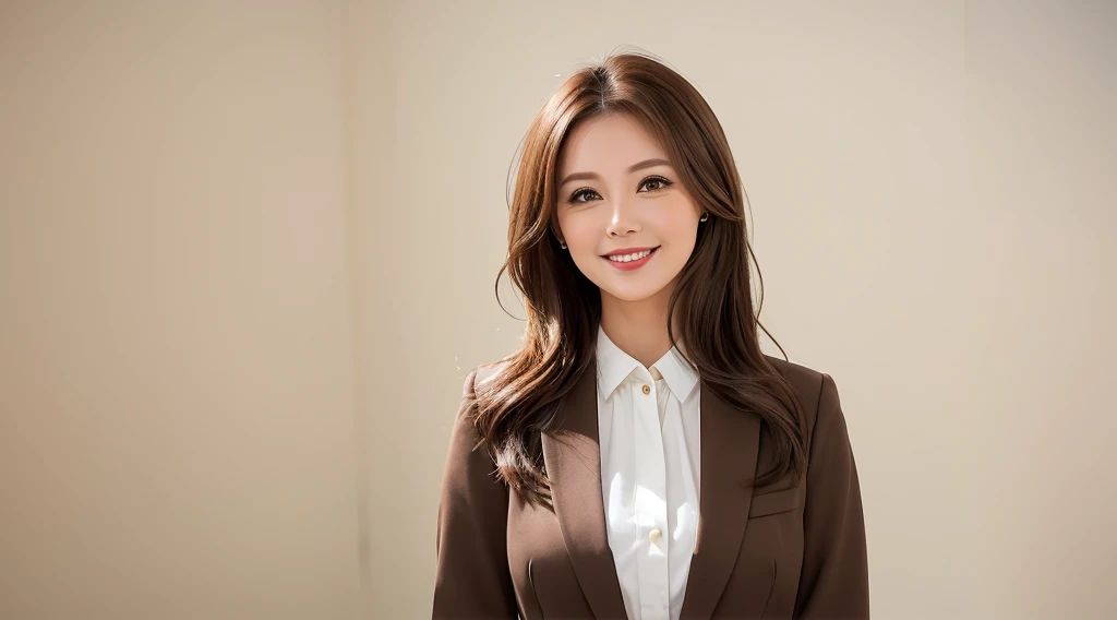 Generate an image of a cute and charming office lady with light brown hair. She is dressed in stylish office casual attire, wearing a warm and welcoming smile. The background is a clean and white office setting, creating a professional yet relaxed atmosphere. Pay attention to the details of her light brown hair and the office casual outfit, and convey the positive and approachable demeanor of a delightful office professional
