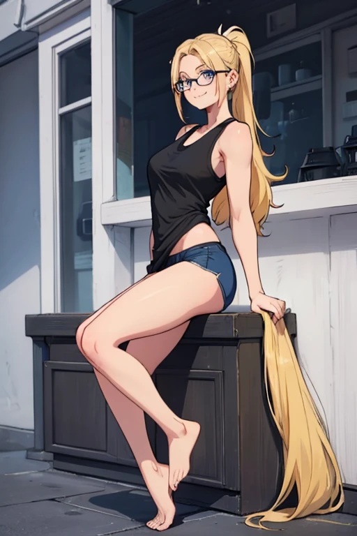 female, blonde long hair in a ponytail, blue eyes, (((1girl))), (((black tank top))), (white panties with blue trim), (glasses), cute and sexy, full body, modest breasts, modest butt, long legs, smiling