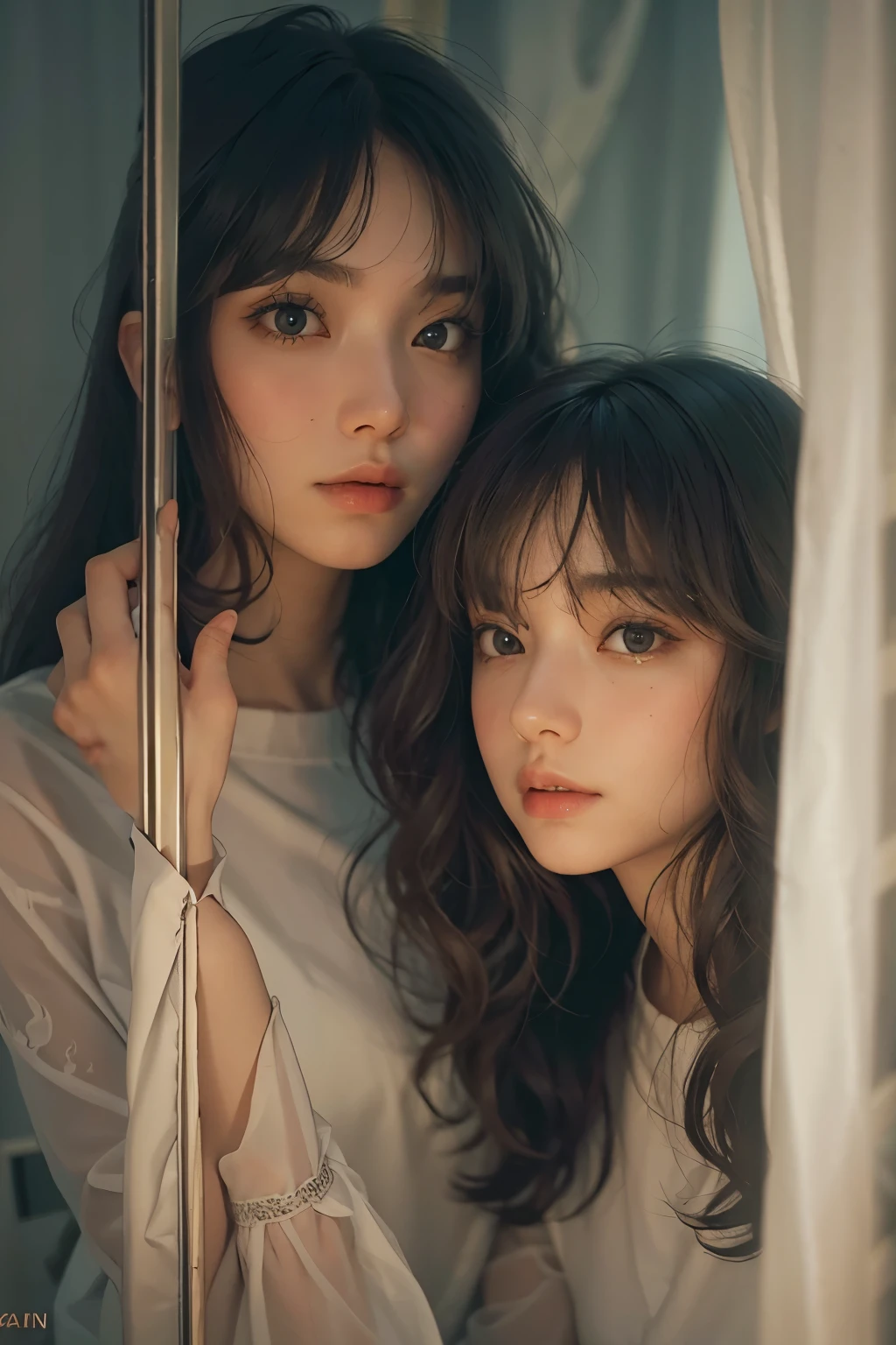 2 raped women with permed hair, twin, what makeup, without makeup, Centrally separated curtain bangs, Profile picture, Use Instagram Filters, Subtle soft and dim light, Pose looking back at the mirror, couple, perfect face, julia sardinian, perfect hands, Random behavior, (full_body),