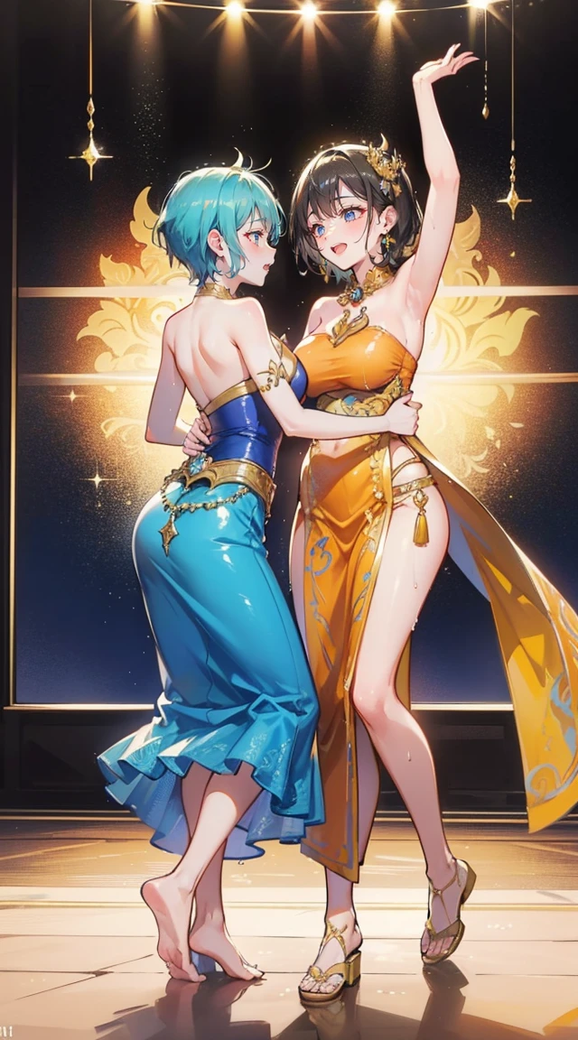 (2 young women ,beautiful woman),(20-year-old girl),smile,(light green short hair),nobility,(princess),blue student,Tall figure,((Strapless Thai dress)),low skirt,(Strapless Thai dressที่ไม่ทีสาย),ta skirt,Show your legs,Barefoot,red carpet,prom website,(nobility),(big tits),(Various poses),Highest quality、Highest picture quality、Masterpiece,, ,(((Umbilical drive,dance,dance,Thai dance))), (There's nothing hiding the pussy.), (no panties), (very good:1.2), (shy:1.2), (wet:1.2), (feel sexually happy:1.6),