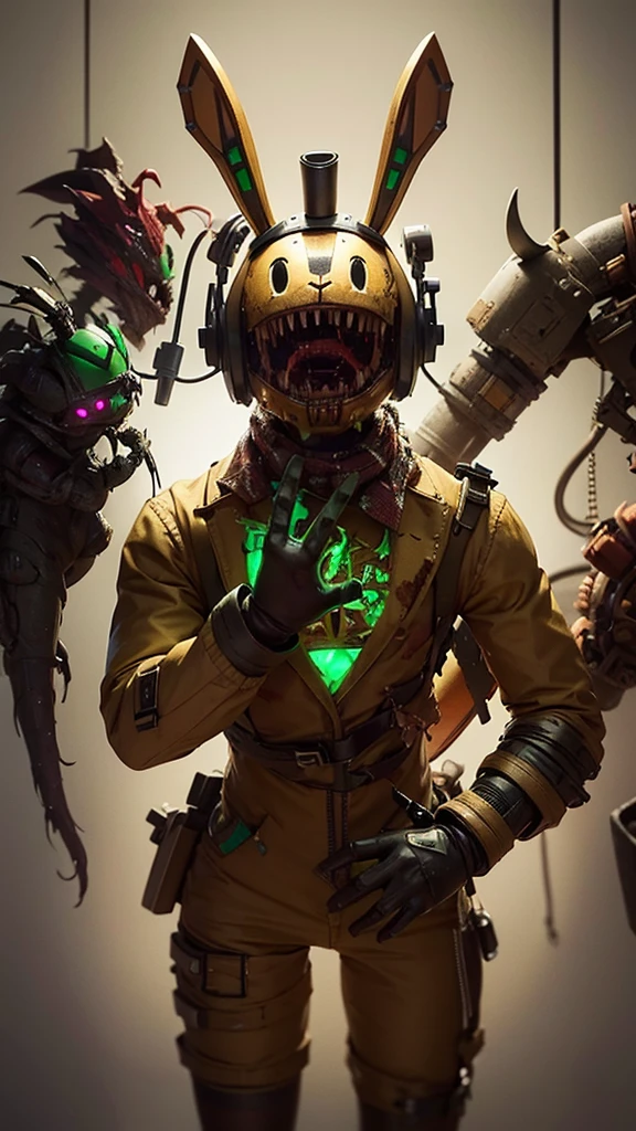 Springtrap, a contagion mechanical rabbit suit all torn apart with little blood and a human body trapped inside it.