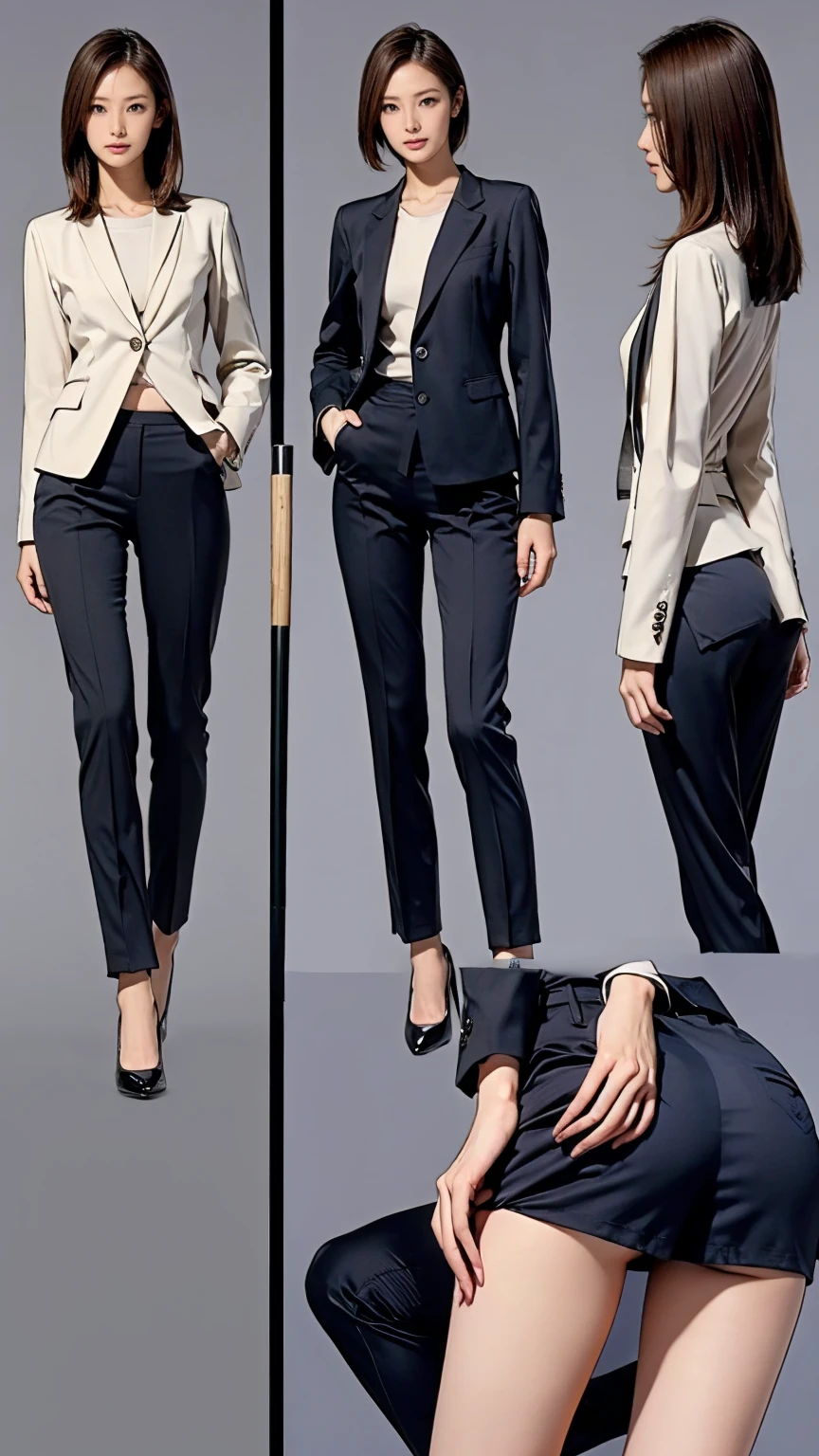 ((masterpiece)),(((Highest quality))),((Character design sheet)),Thin thighs,Long legs,Girl, Skinny Japanese woman, Very small waist, grey suit, Open jacket, office lady, suit, pants, From behind, Office Room, machine,  (Stick your butt out:1.2), Detailed face, View your viewers