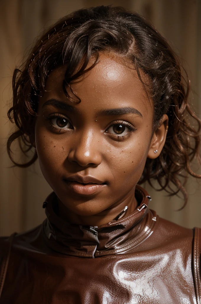 ethiopian girl, (very young, adolescent), (curly red mullet, very small breasts, very skinny, nose ring), (light brown latex bodysuit), (close shot, face shot, intimate camera, cinematic)