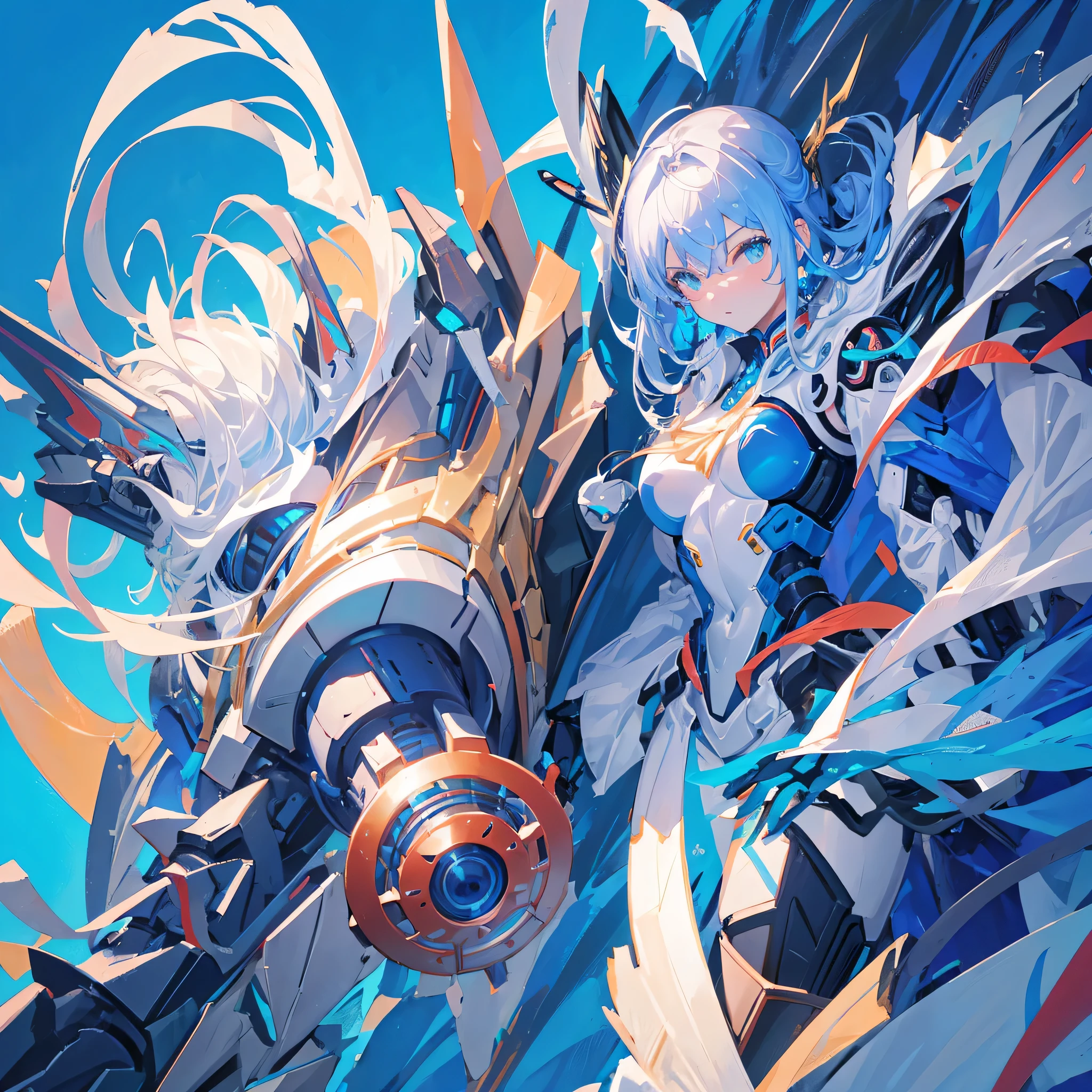 A blue and white Mecha,Mecha,Future Mecha,((Solid blue background))