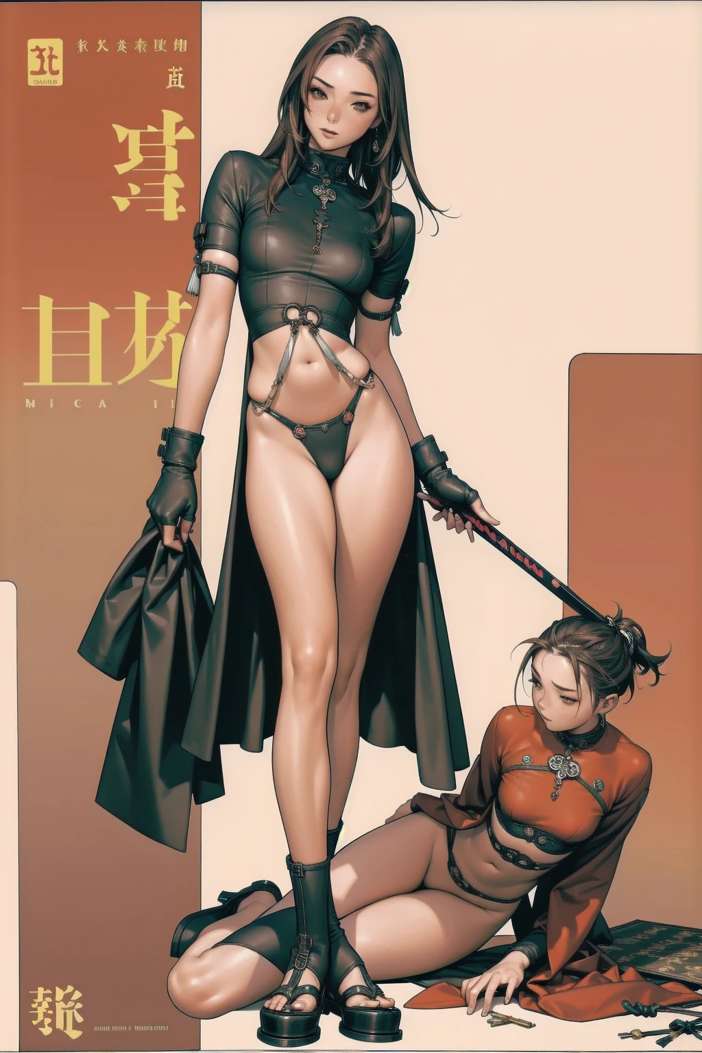 (((Woman))), (((best quality))), (((Masterpiece artwork))), (((AS-Adult))), ((( Japanese ))), Look up on your knees, A beautiful asian samurai Woman with perfect body, Modern samurai, ((( Asian))), Wear gloves on your hands，The left arm is made of steel and metal tip protective devices, The eyes are slanted, (( Appears below the chest )), (( small thong )), Simon Bisley, nearly naked（Simon Bisley）Castle Town Desert，For high resolution posters, slickedback hair, Minimal clothing, armors (crazy clothes ), Full of tips and rivets, tribal tattoos, (((lesbian full body))), straight brunette hair，Colored hair tips