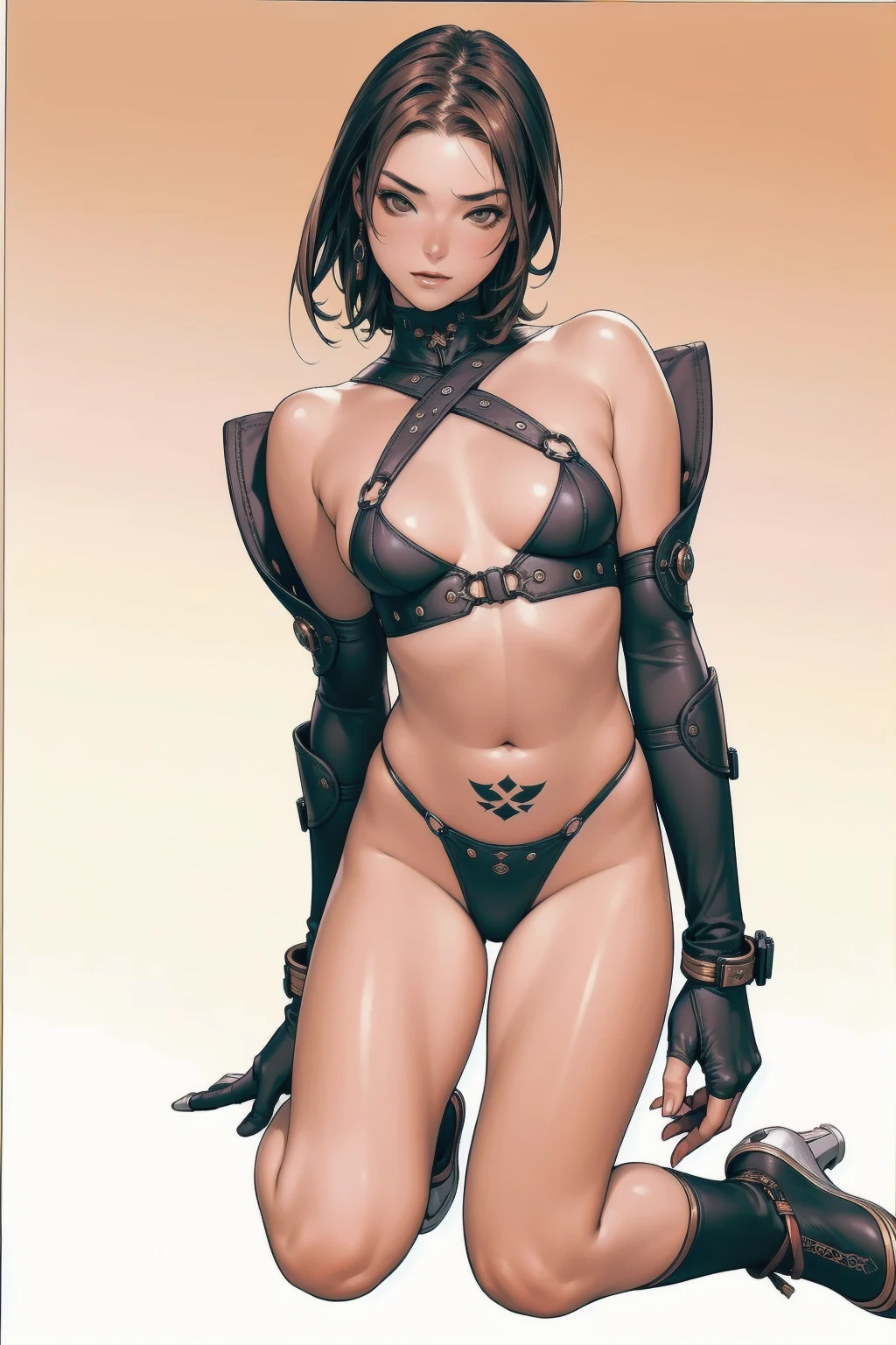 (((Woman))), (((best quality))), (((Masterpiece artwork))), (((AS-Adult))), ((( Japanese ))), Look up on your knees, A beautiful asian samurai Woman with perfect body, Modern samurai, ((( Asian))), Wear gloves on your hands，The left arm is made of steel and metal tip protective devices, The eyes are slanted, (( Appears below the chest )), (( small thong )), Simon Bisley, nearly naked（Simon Bisley）Castle Town Desert，For high resolution posters, slickedback hair, Minimal clothing, armors (crazy clothes ), Full of tips and rivets, tribal tattoos, (((lesbian full body))), straight brunette hair，Colored hair tips