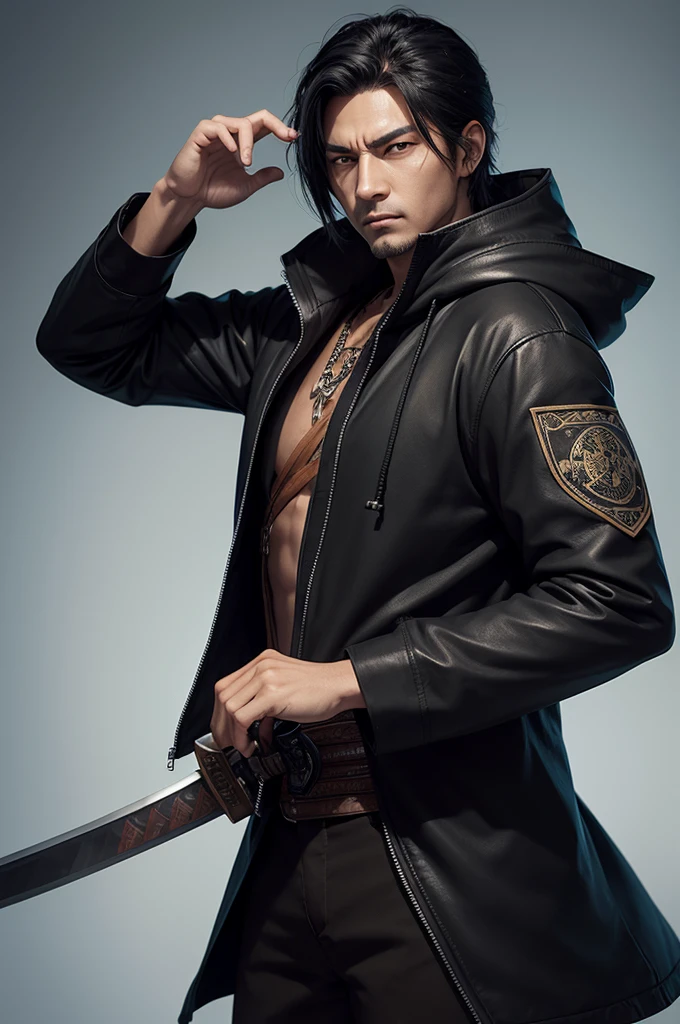 Game character a wise man with a hood and black jacket with black hair and brown eyes holding a katana