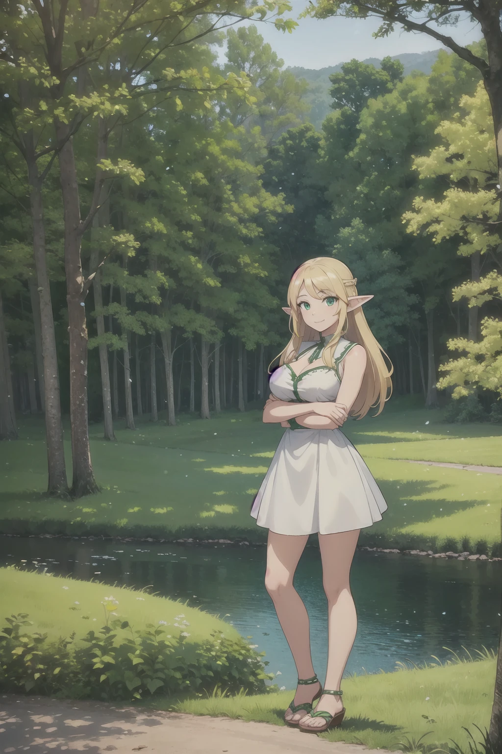 (((full body photo))) masterpiece, best quality, 1girl, elf, green eyes, blonde, (standing:1.1), (forest:1.1), pov, perfect eyes, arms at sides, river, portrait, full body, smile, heeled sandals, beautiful landscape, trees