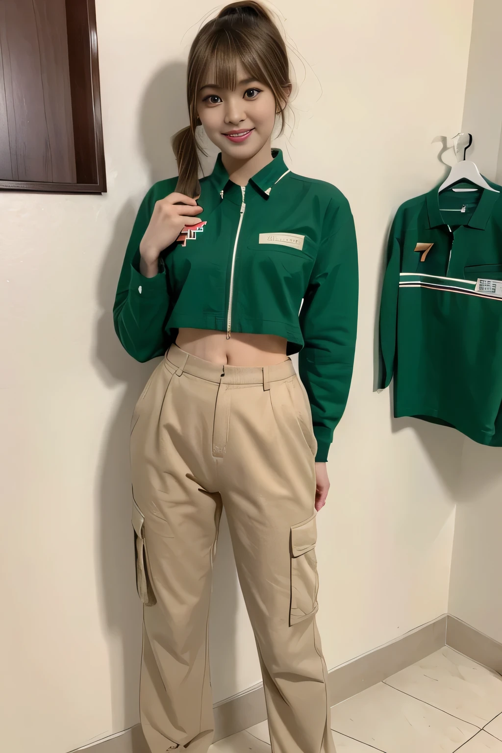 ((medium shot)),(Kahki cargo pants,sneakers), japanese lady, pale skin, droopy eyes, 28 year old,(dark Blonde short side ponytail with side bangs:1.3),standing, high quality:1.3, shoot from below,Professional lighting:2.0 realistic:1.2, 4k resolution, detailed skin, masterpiece:1.1,smile,(Slender body),(athlete:1.2),(nipples poking through clothes:1.1),camel toe, 7eleven, scenery, indoors, box, tiles, shop, tile floor,7elevenU, employee uniform, uniform, green shirt,
