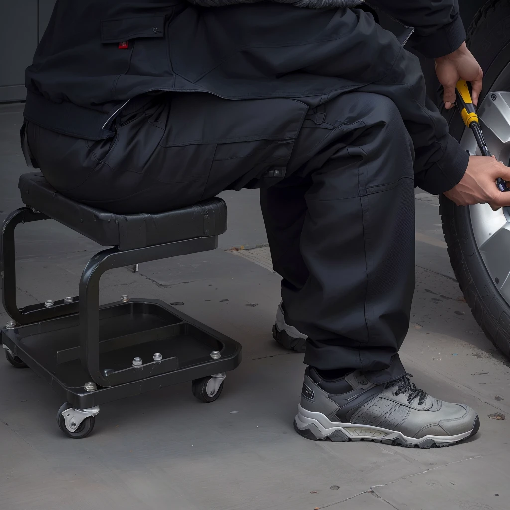 Arav man in black jacket repairing a tire, DIY, Ergonomic, Powerful details, edit, Bottom Angle, detailed放大照片, stool, Practical, mechanical, Work wheels, professional, mechanicals, Knee pads, Surrealism, Parody, Quick assembly, simple, product photo, professional product photo, manual, Fine workmanship, detailed