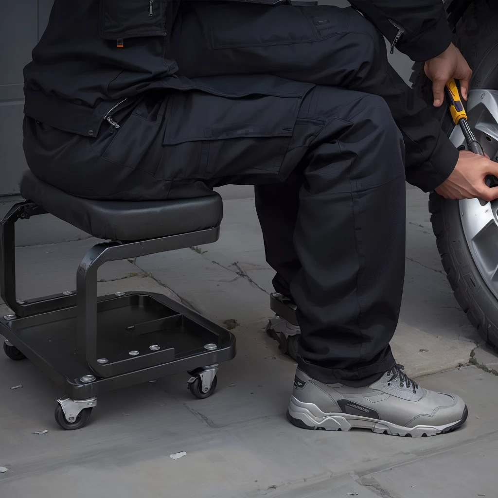 Arav man in black jacket repairing a tire, DIY, Ergonomic, Powerful details, edit, Bottom Angle, detailed放大照片, stool, Practical, mechanical, Work wheels, professional, mechanicals, Knee pads, Surrealism, Parody, Quick assembly, simple, product photo, professional product photo, manual, Fine workmanship, detailed