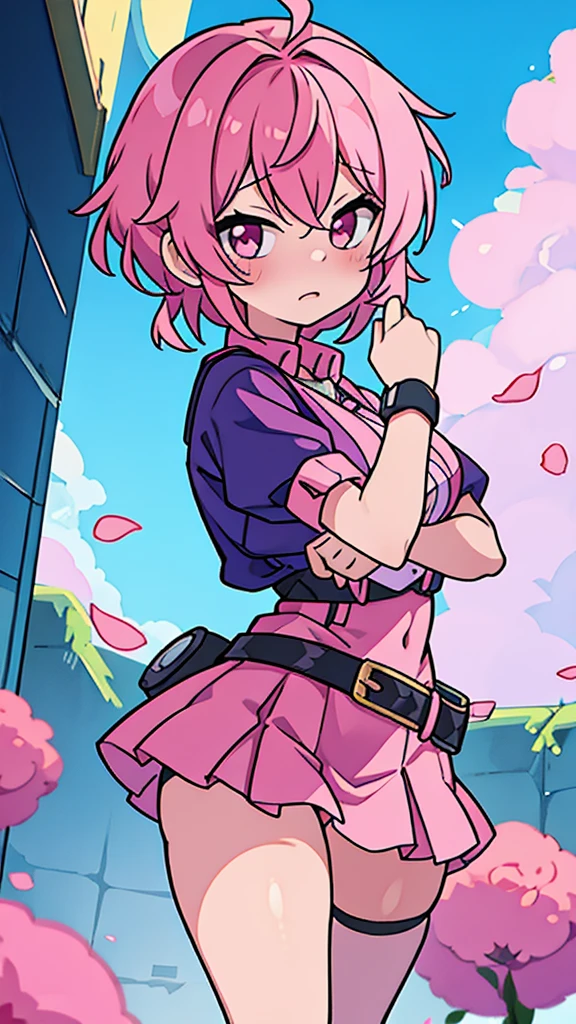 Anime woman with short pink hair taking pictures with cellphone, flustered