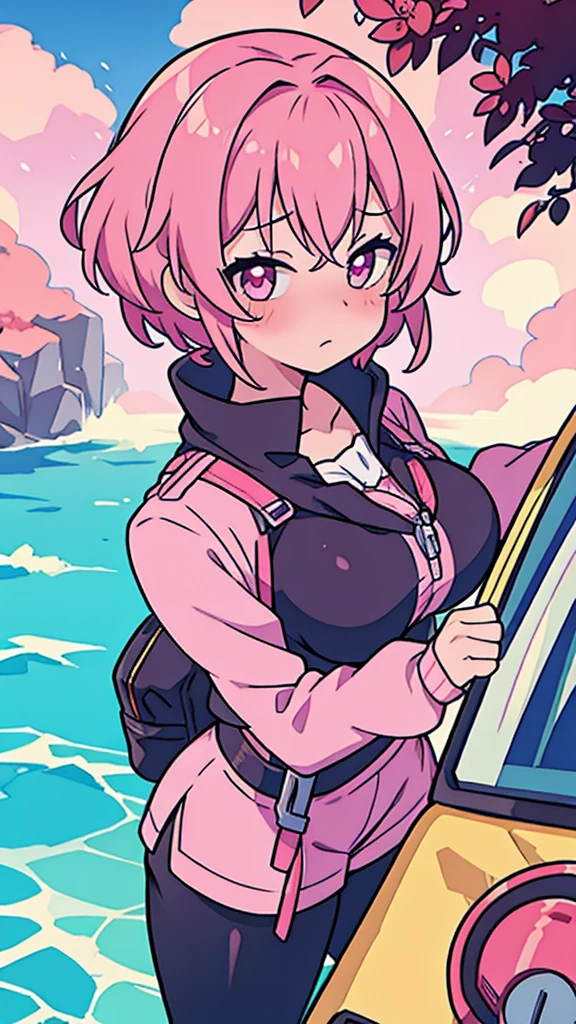 Anime woman with short pink hair taking pictures with cellphone, flustered