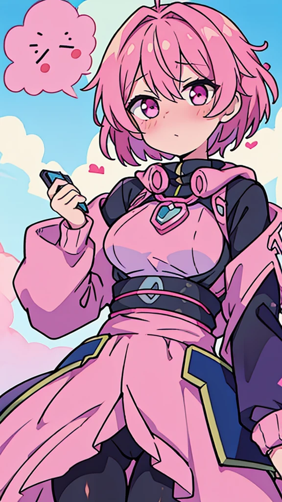Anime woman with short pink hair taking pictures with cellphone, flustered