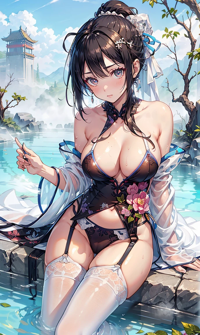 Highest quality,best resolution,(soak的白色长旗袍),Awesome details, white double ponytail,20-year-old girl,beautiful的雕纹,design complex clothes,blue eyes,she has earrings, opulence,beautiful, imagination,elegant and charming,Slightly rounded shape,((Transparent white garter belt)),((soak,Next to an ancient Chinese hot spring.,The weather is foggy.,fantasy magic)),nighttime,charming poses,Leg repair,(,The crevice is clear.)