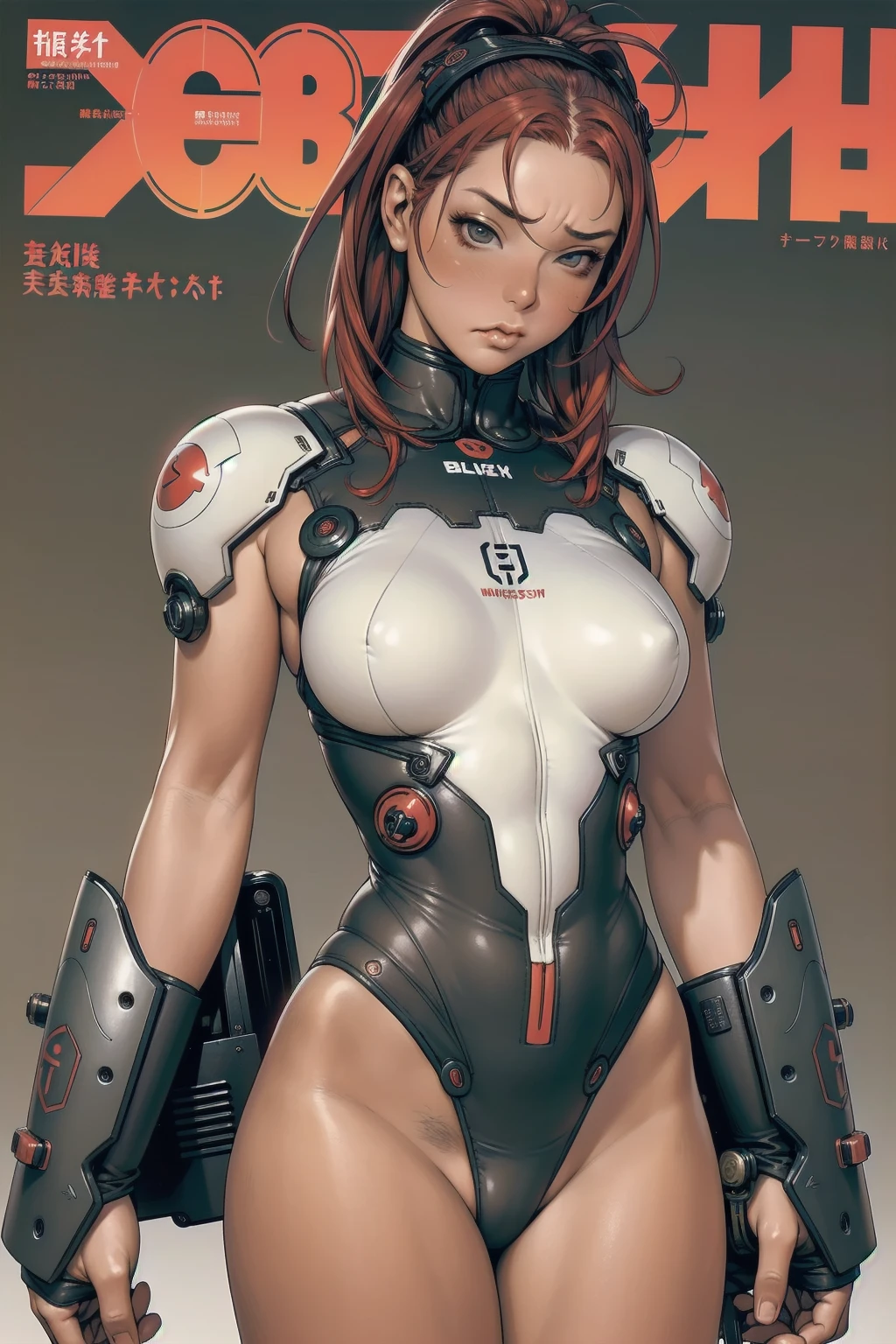 ((best qualityer)), ((Perfect masterpiece)), (detailded: 1.4), (absurdrez), (((earthy red))), (((whole body hard, corpo fitness, neckline showing part of the breasts)), (((woman with colored hair, blushful, pouting))), 21 year old woman, beautiful sexy woman, giant robot pilot, wild with perfect corpo fitness, wearing small mecha battle armor clothes, tiny thong, Simon Bisley styled for the cover of Heavy Metal magazine, clothing with Japanese cyberpunk graphic patterns, Halftone pattern and vertical stripes, earth tone, exiting the body of a giant robot