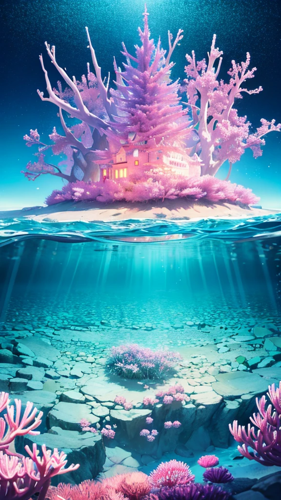 The castle where mermaids live Ocean summer Oceanの鮮やかな生き物 Ocean牛 Sea anemone coral Best Quality, Masterpiece, Ultra High Resolution, (Realisticity: 1.4), Original Photo, 1girl, Pink Off-the-Shoulder, Cinematic Lighting