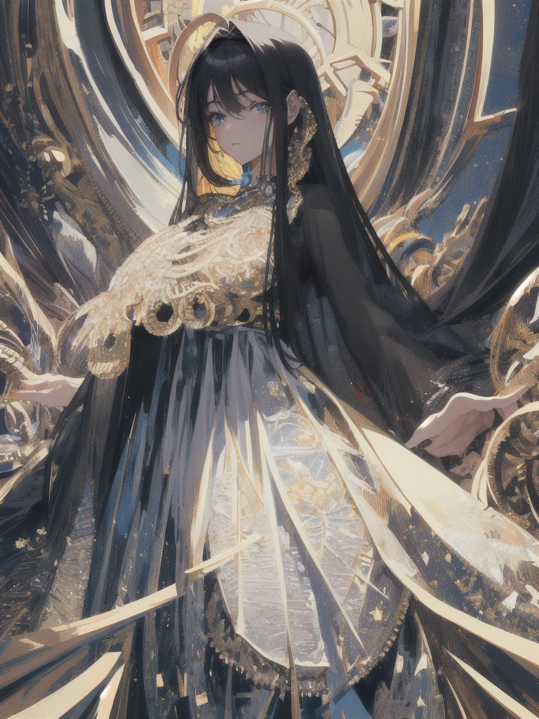 ((masterpiece, highest quality, Super detailed, High resolution)), alone, beautiful girl, shining eyes, perfect eyes, 15 years old, black white gold theme,