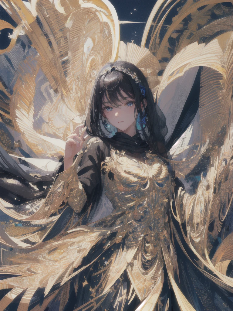 ((masterpiece, highest quality, Super detailed, High resolution)), alone, beautiful girl, shining eyes, perfect eyes, , black white gold theme,