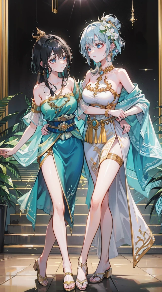 (2 young women ,beautiful woman),smile,(light green short hair),nobility,(princess),blue student,Tall figure,((Strapless Thai dress)),low skirt,(Strapless Thai dressที่ไม่ทีสาย),ta skirt,Show your legs,Barefoot,red carpet,prom website,(nobility),(big tits),(Various poses),Highest quality、Highest picture quality、Masterpiece,, ,(((Umbilical drive,dance,dance,Thai dance)))