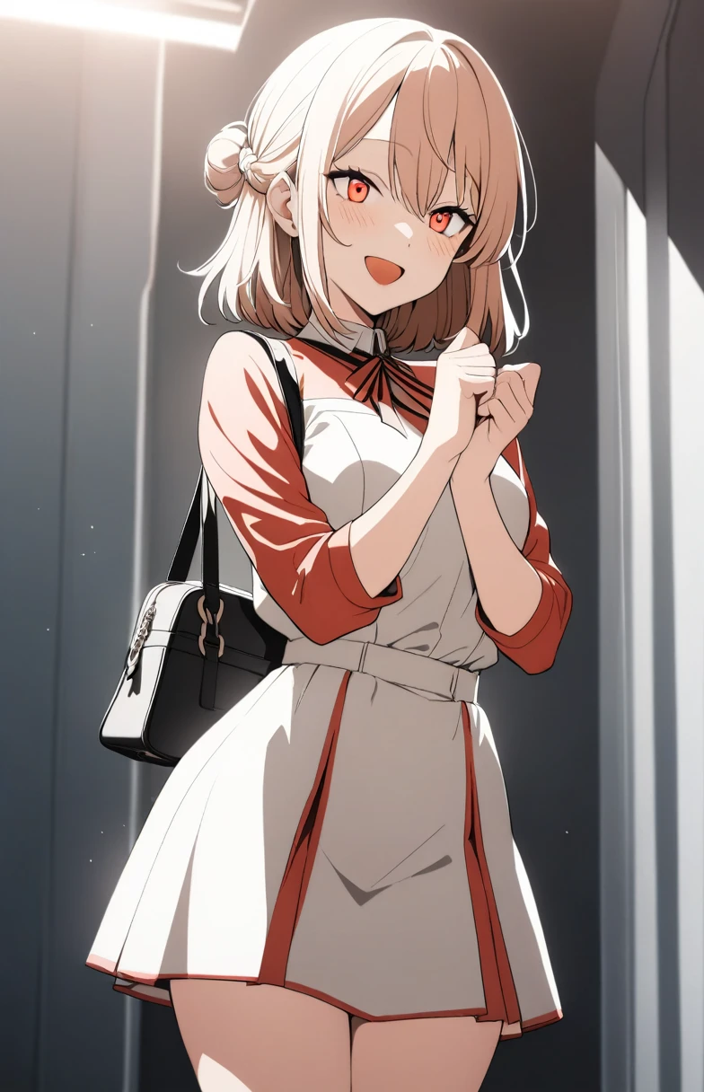 1girl, cheerful smile with open mouth, multicolored dress, white, red, pure fashion, v-arms, mini bag, station platform, 
masterpiece, best quality, very aesthetic, absurdres, high contrast kino_himari, (cowboy shot:1.5), break (masterpiece:1.2), highest quality, High resolution, unity 8k wallpaper, (shape:0.8), (fine and beautiful eyes:1.6), highly detailed face, perfect lighting, Very detailed CG, (perfect hands, perfect anatomy),dynamic pose, smile,perfect hands, beautiful fingers