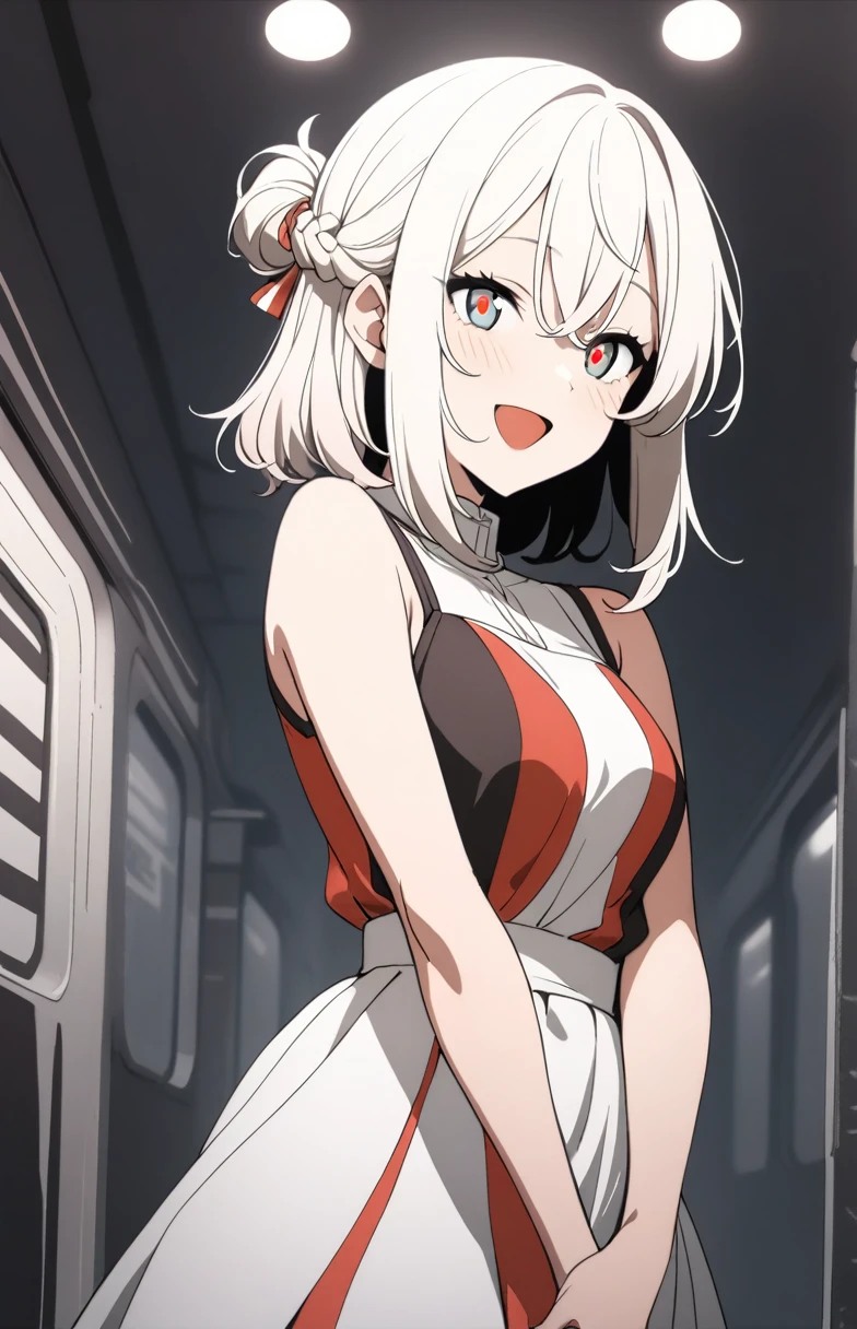 1girl, cheerful smile with open mouth, multicolored dress, white, red, pure fashion, v-arms, mini bag, station platform, 
masterpiece, best quality, very aesthetic, absurdres, high contrast kino_himari, (cowboy shot:1.5), break (masterpiece:1.2), highest quality, High resolution, unity 8k wallpaper, (shape:0.8), (fine and beautiful eyes:1.6), highly detailed face, perfect lighting, Very detailed CG, (perfect hands, perfect anatomy),dynamic pose, smile,perfect hands, beautiful fingers