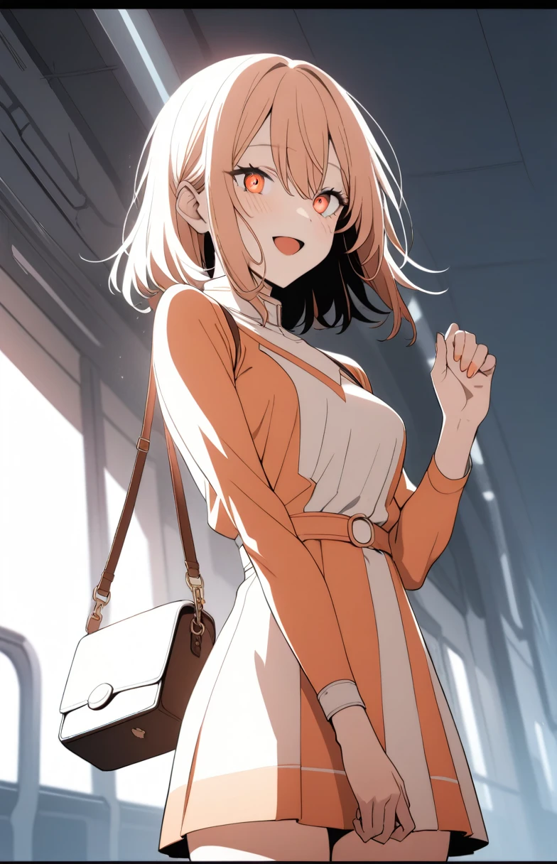 1girl, cheerful smile with open mouth, multicolored dress, white, red, pure fashion, v-arms, mini bag, station platform, 
masterpiece, best quality, very aesthetic, absurdres, high contrast kino_himari, (cowboy shot:1.5), break (masterpiece:1.2), highest quality, High resolution, unity 8k wallpaper, (shape:0.8), (fine and beautiful eyes:1.6), highly detailed face, perfect lighting, Very detailed CG, (perfect hands, perfect anatomy),dynamic pose, smile,perfect hands, beautiful fingers