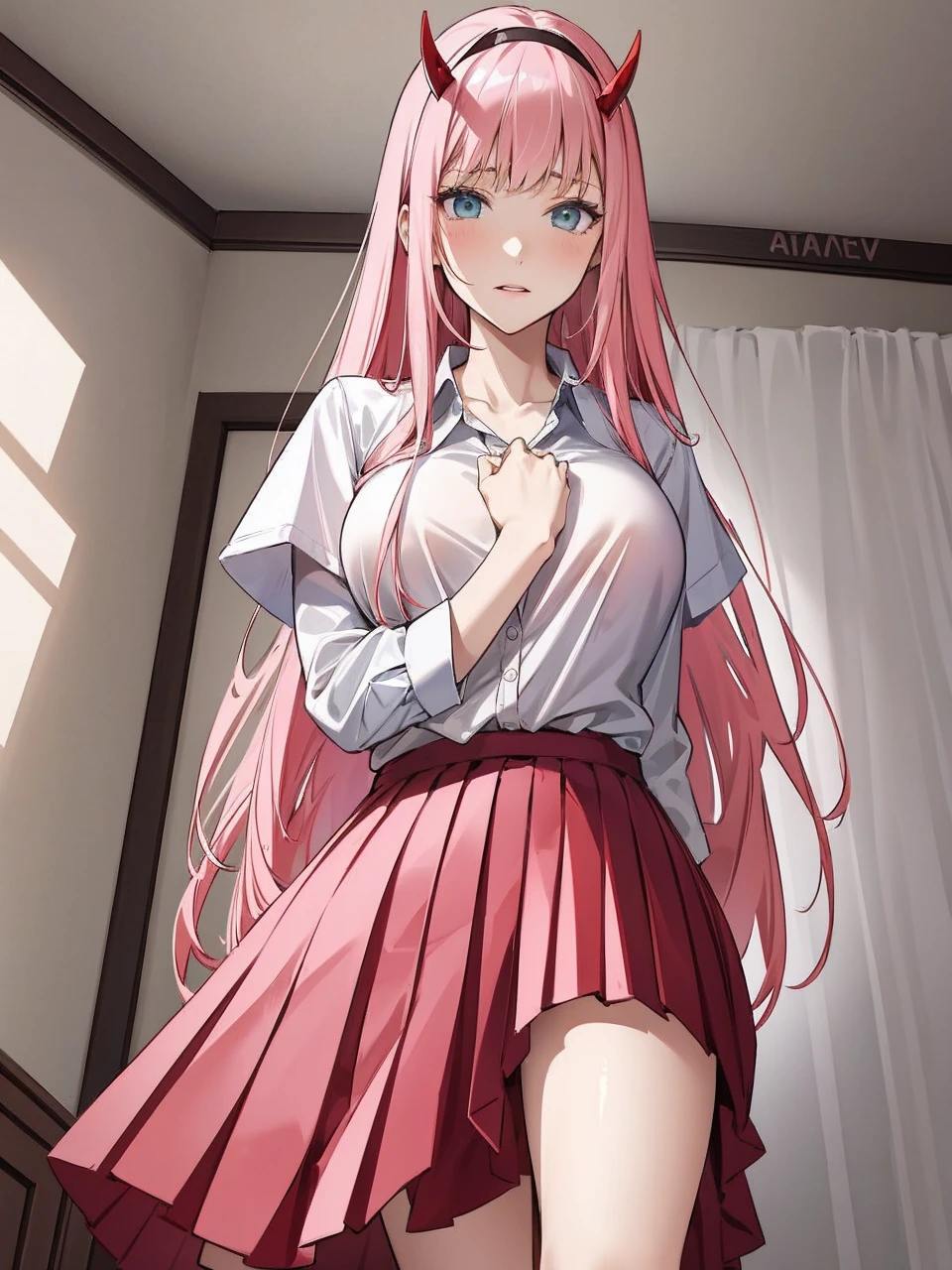 the woman takes off her shirt and has already taken off her pants